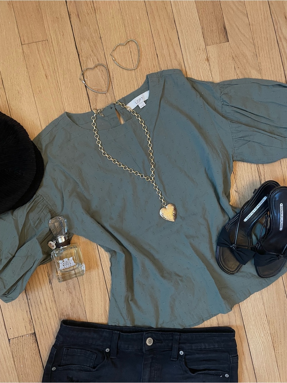 LOFT Olive Green Swiss Dot Puff Sleeve Blouse